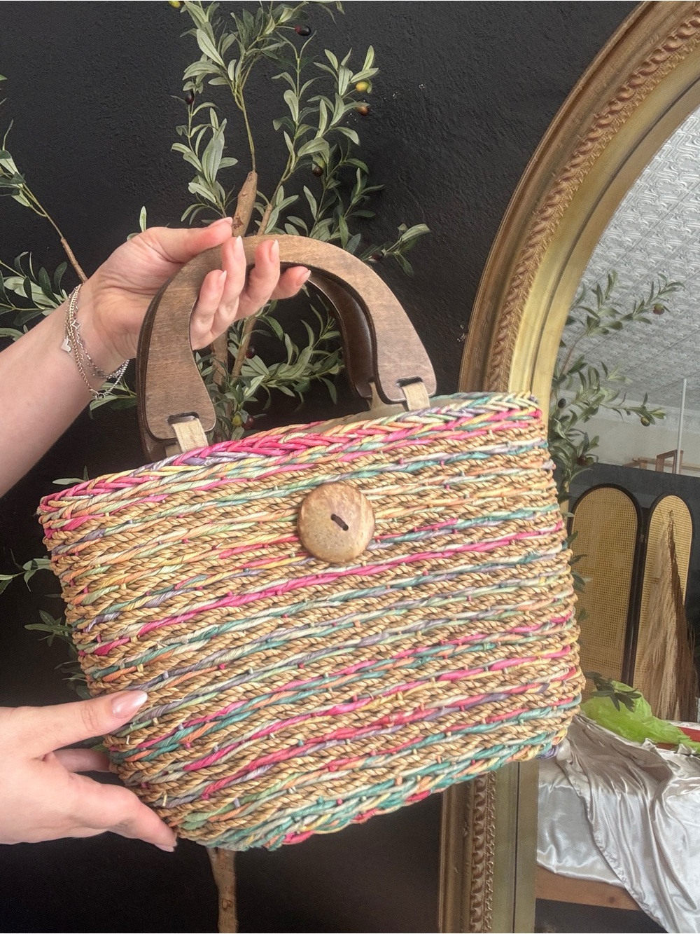 Cato Multicolor Straw Tote with Wooden Handles